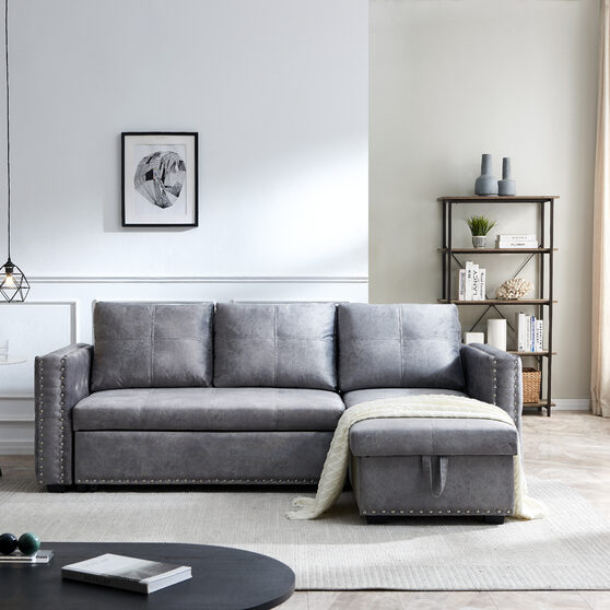 Gray sectional sofa with pulled out bed, 2 seats sofa and reversible chaise with storage, both hands with copper nail
