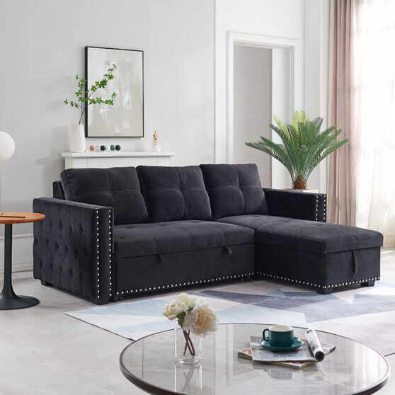 Black sectional sofa with pulled out bed, 2 seats sofa and reversible chaise with storage, both hands with copper nail