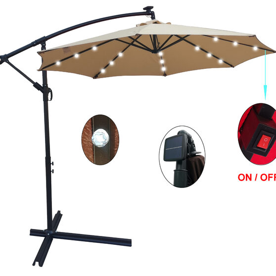 Tan 10 ft outdoor patio umbrella solar powered led lighted sun shade market waterproof 8 ribs umbrella