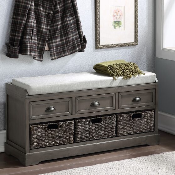 Gray wood storage bench with 3 drawers and 3 baskets