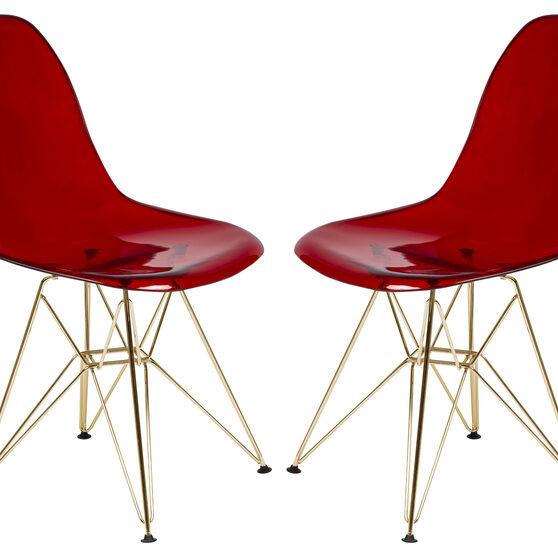 Transparent red plastic seat and chrome legs dining chair/ set of 2