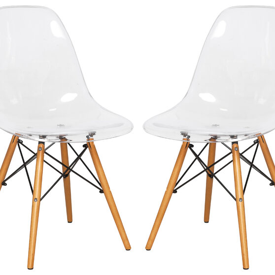 Clear plastic and wood base dining chair/ set of 2