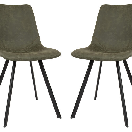 Olive green leather dining chair with black metal legs/ set of 2