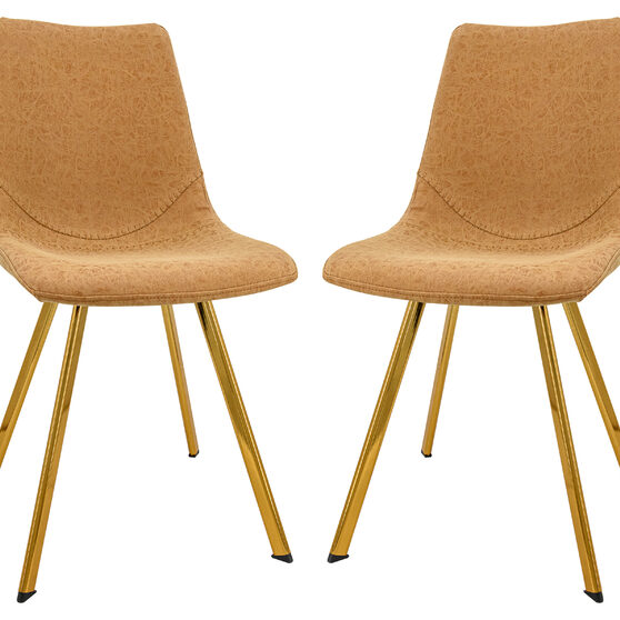Light brown leather dining chair with gold metal legs/ set of 2