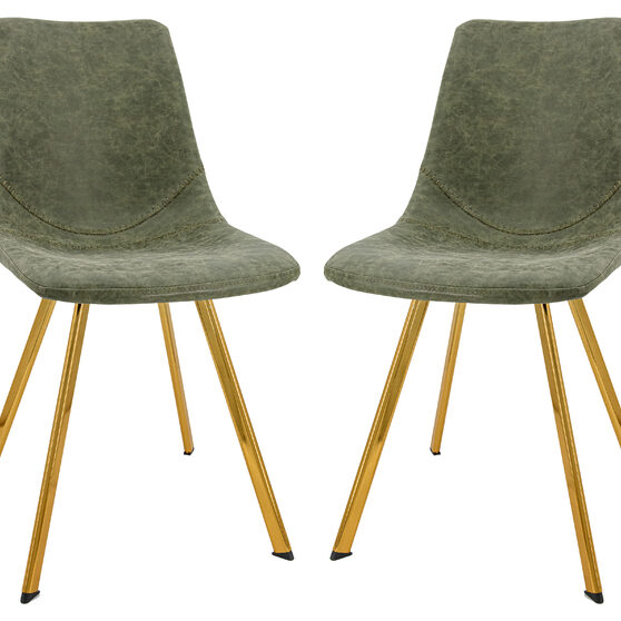 Olive green leather dining chair with gold metal legs/ set of 2