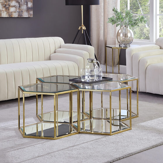 Glam style modular coffee table set in hexagon shape