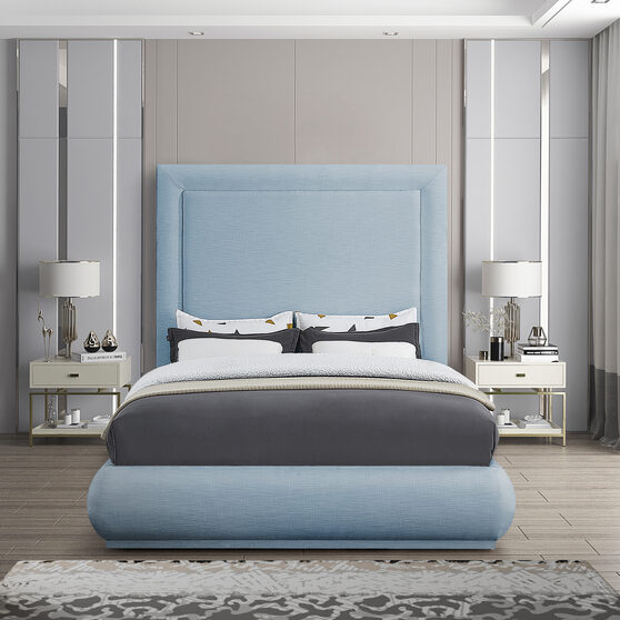 Textured sky blue linen fabric king bed in modern style
