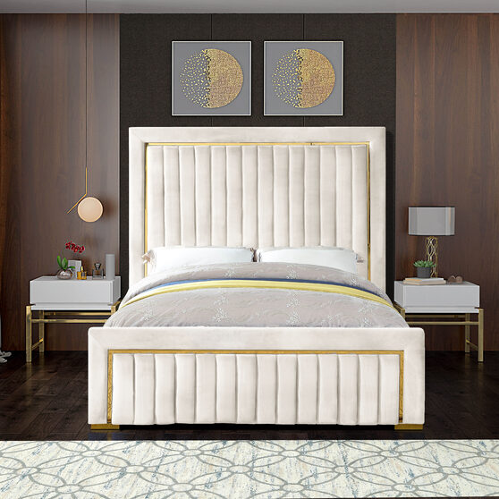 Gold trim high headboard velvet upholstery king bed