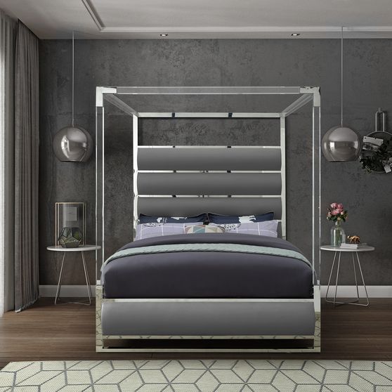 Faux leather / chrome platform canopy bed