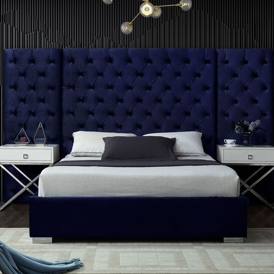 Contemporary navy king bed w/ side panels in tufted style