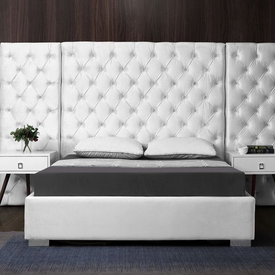 Contemporary white king bed w/ side panels in tufted style