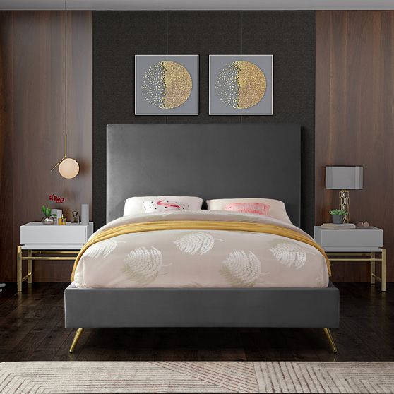 Gray velvet casual style king bed w/ gold & silver legs