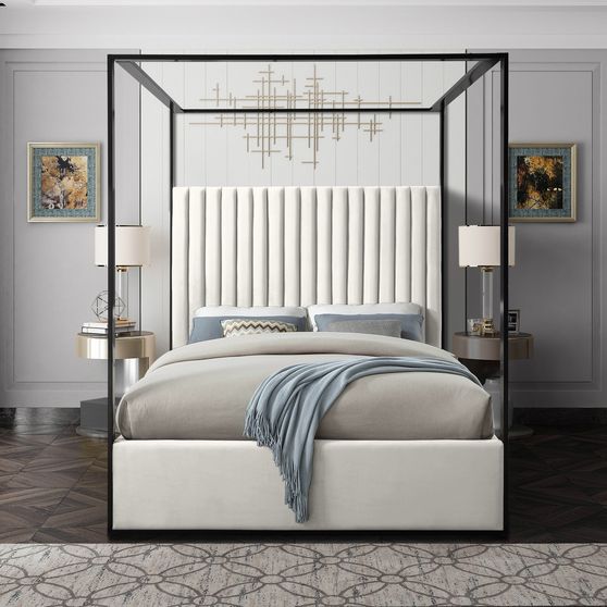 Contemporary velvet canopy king bed in cream