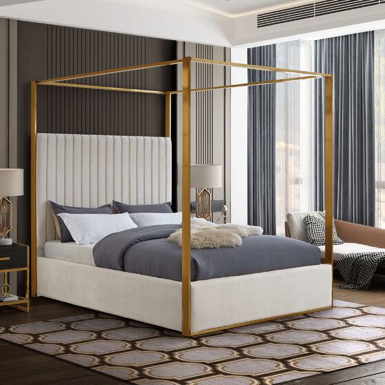 Cream channel tufted brushed brass canopy bed