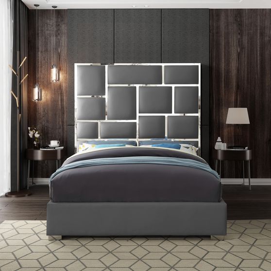 Chrome metal / gray leather designer king bed