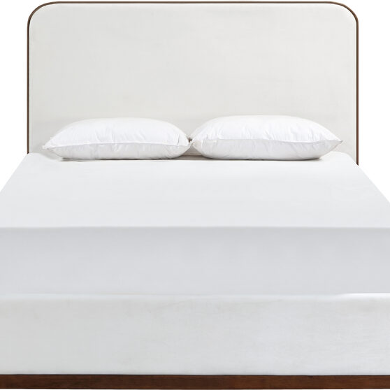 Cream fabric upholstered king bed w/ walnut wood base