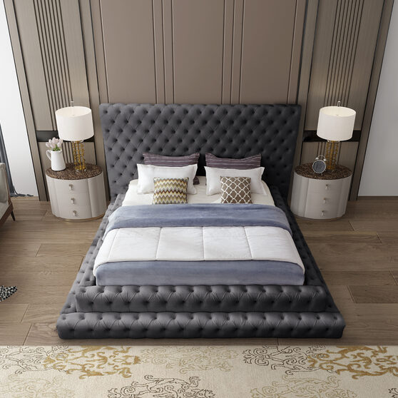 Gray velvet tiered design tufted contemporary king bed