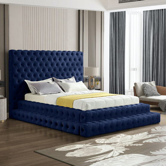 Navy velvet tiered design tufted contemporary bed