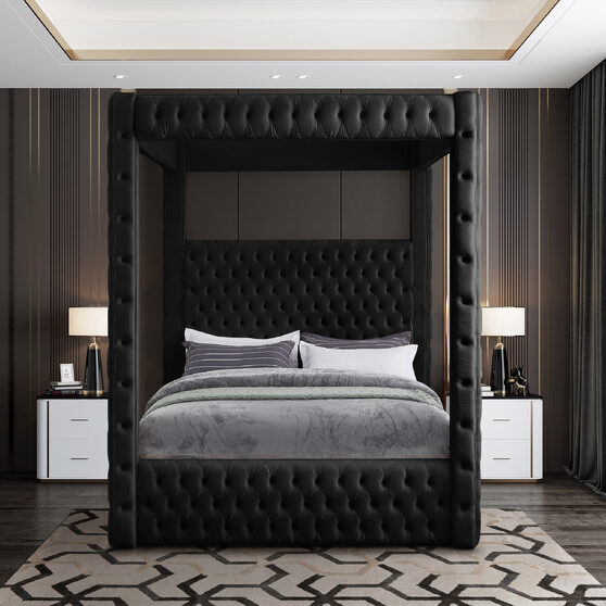 Tufted black velvet stylish canopy king size bed