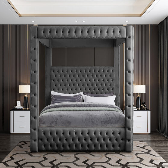 Tufted gray velvet stylish canopy king size bed