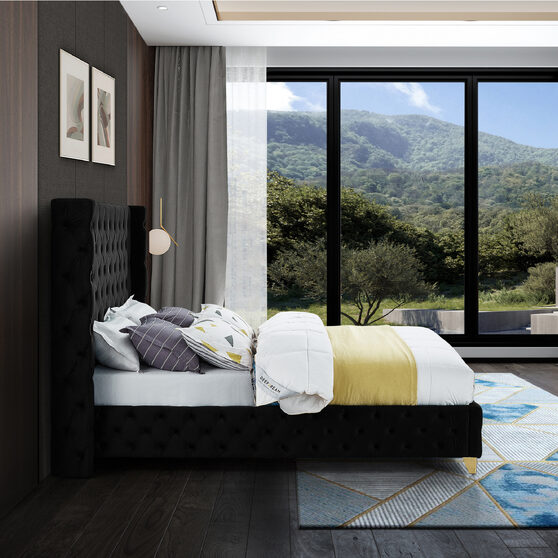 Black velvet deep button tufted velvet fabric full bed