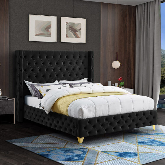 Black velvet deep button tufted velvet fabric bed
