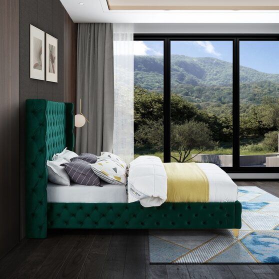 Green velvet deep button tufted velvet fabric full bed