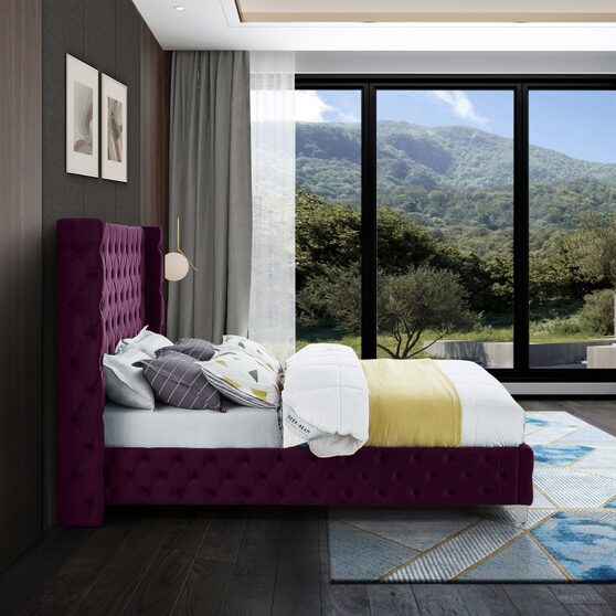 Purple velvet deep button tufted velvet fabric full bed