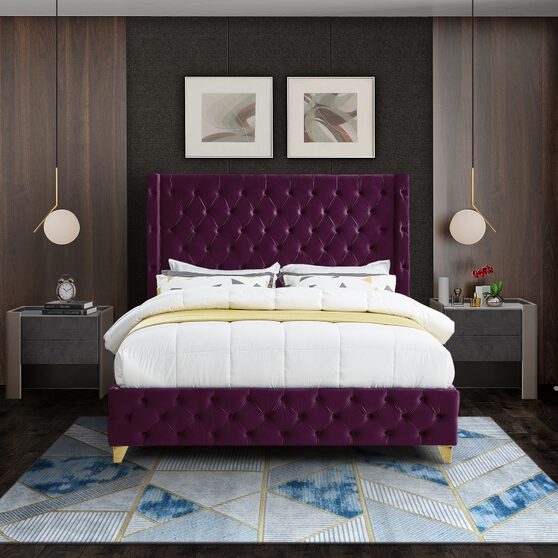 Purple velvet deep button tufted velvet fabric king bed
