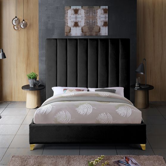 Modern black velvet platform king bed