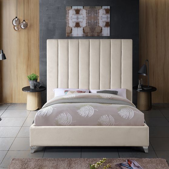 Modern cream velvet platform full bed