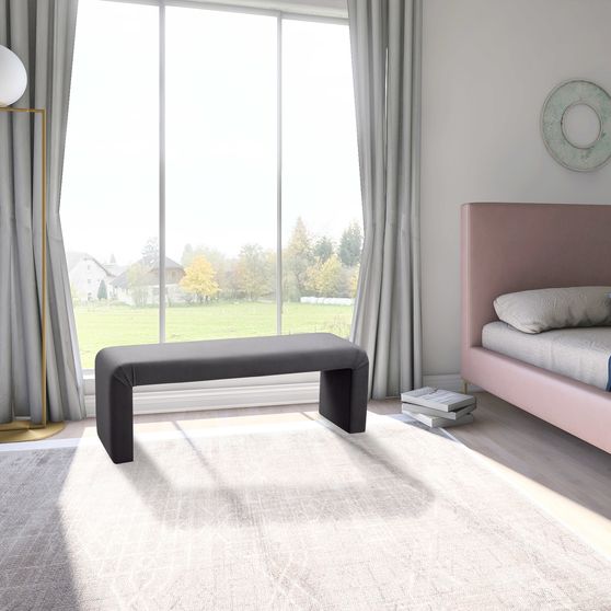 Upholstered gray velvet contemporary bench