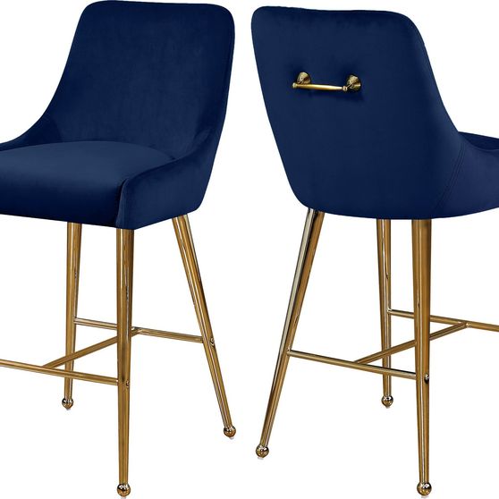 Navy velvet bar stool w/ golden hardware and handle