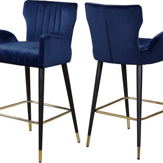Navy velvet bar stool w/ channel tufting