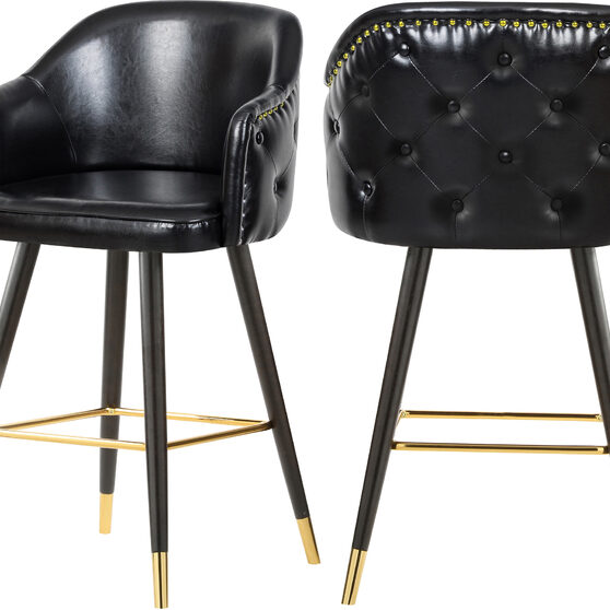 Rounded tufted back faux leather black / gold bar stool