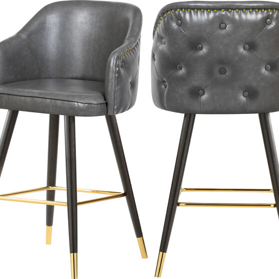 Rounded tufted back faux leather gray / gold bar stool