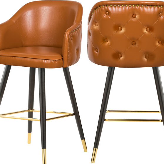 Rounded tufted back faux leather cognac / gold bar stool