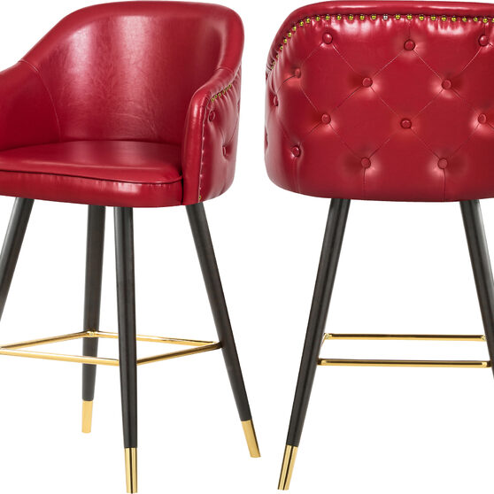 Rounded tufted back faux leather red / gold bar stool