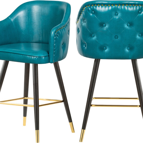 Rounded tufted back faux leather blue / gold bar stool