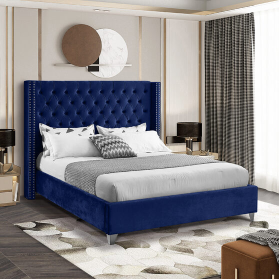 Diamond shaped tufted headboard navy blue velvet platform bed