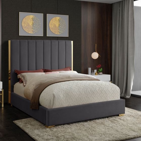 Gold frame/legs / gray velvet full size bed