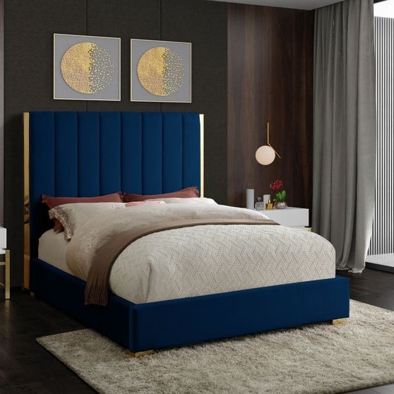 Gold frame/legs / navy blue velvet king bed
