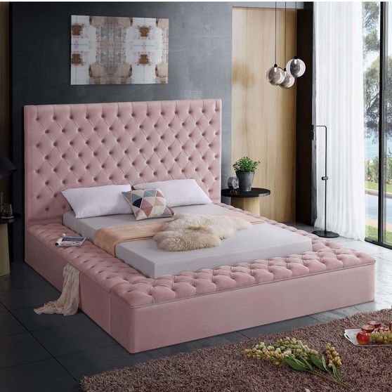 Pink velvet tufted queen bed w/ storage