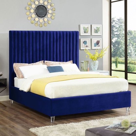 Modern velvet fabric king bed w/ platform
