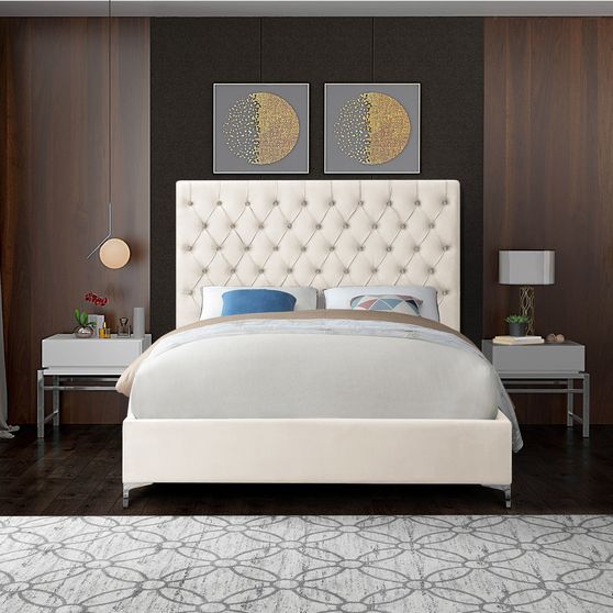 Cream velvet tufted headboard king bed