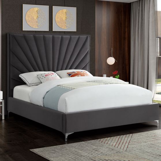 Gray velvet queen size bed w/ metal legs