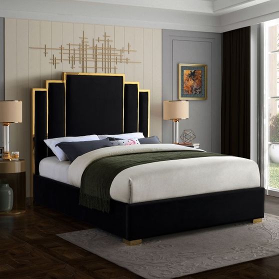 Black velvet contemporary king bed w/ golden base