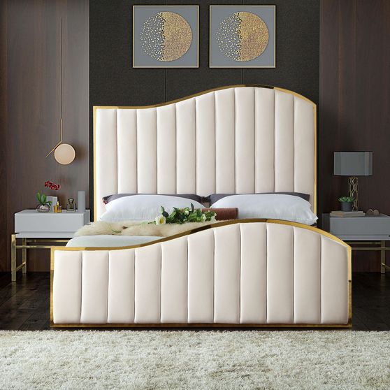 Curved golden frame / cream velvet bed