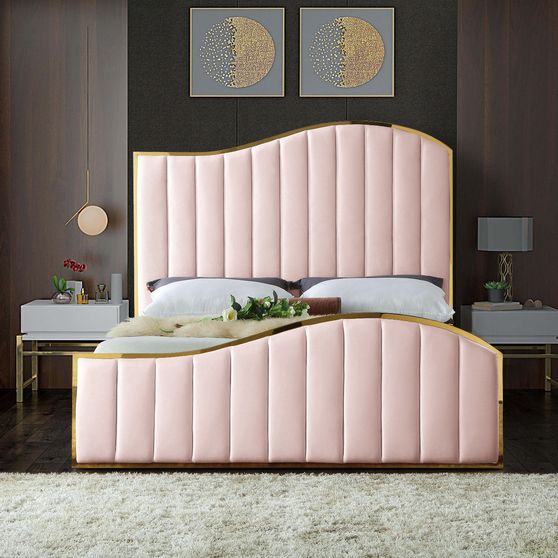 Curved golden frame / pink velvet king bed