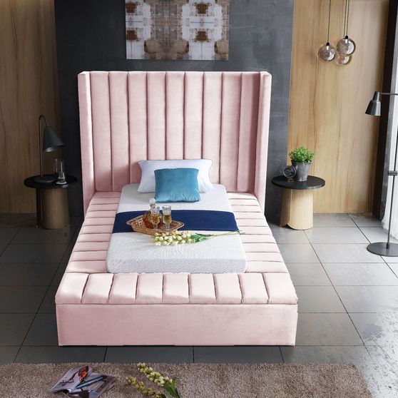 Channel tufting / storage pink velvet twin bed